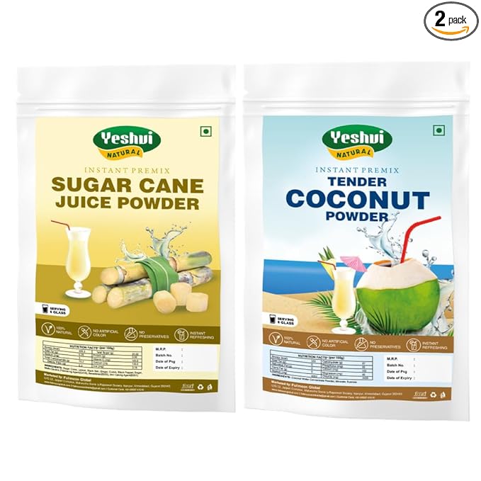 Yeshvi NATURAL Sugarcane Juice &amp Tender Coconut Water Powder Combo Pack Instant Mix Drink Fizzy Party Drink Easy to Make Beverage 200gm