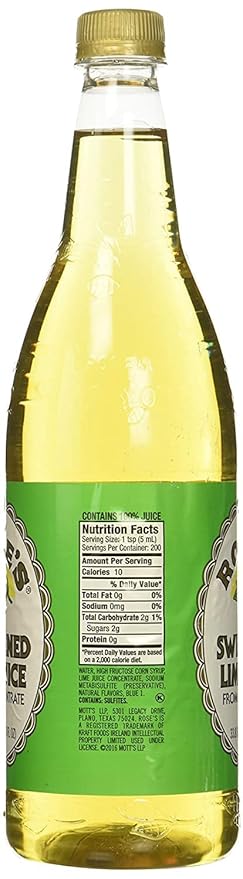 Rose's Lime Juice - Sweetened 1 Liter (33.8 Fluid Ounces) Plastic Bottle (Pack of 2)