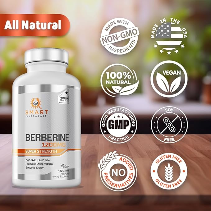 Smart Nutra Labs Premium Berberine HCL 1200mg- 180 Vegan Capsules 100% Pure Berberine Supplement- Non-GMO Gluten Free
