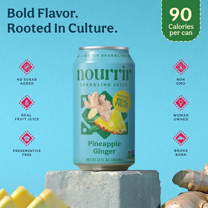 Nourrir Sparkling Pineapple Ginger Juice Real Fruit Tropical Zest &amp Spiced Warmth Non-GMO Gluten-Free Non-Alcoholic 90 cals 0g Added Sugar (12-Pack)
