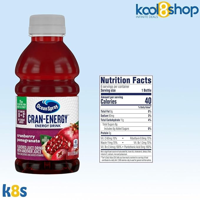 Ocean Spray Energy Cranberry Pomegranate Juice Drink 10 fl oz Plastic Bottles 24 Pack + 2 Reusable Snack Bags by KOOL8SHOP Infinite Deals
