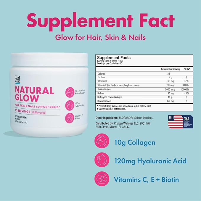 Yes You Can! Natural Glow Beauty Collagen Powder – 10g Hydrolyzed Collagen with Biotin Hyaluronic Acid Vitamins C &amp E – Skin Hair &amp Nail Support – 15 Servings (Unflavored)