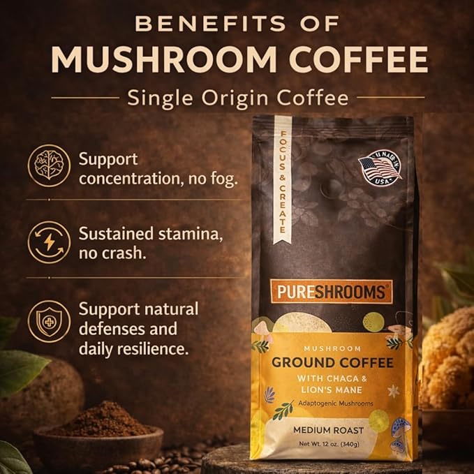 PureShrooms Focus &amp Create Mushroom Coffee – Ground Arabica Blend with Organic Lion's Mane &amp Chaga for Enhanced Focus Memory and Immune Support – 340g