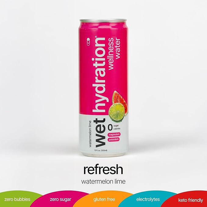 Wet Hydration | Functional Wellness Water Non-Carbonated - Watermelon Lemon Lime (12 Ounce Cans Pack of 12) - Flavored Water Hydration Drink No Sugar No Artificial Ingredients Zero Calories