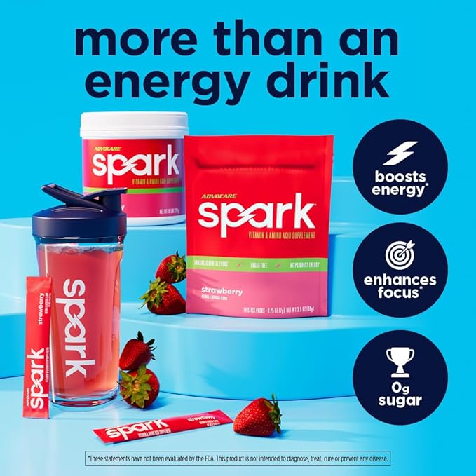 AdvoCare Spark - Energy Drink Mix - Vitamin &amp Amino Acid Supplement - Supports Energy &amp Focus* - Portable Immune Support* - Sugar-Free - Strawberry 14 Stick Packs (3.5 oz)