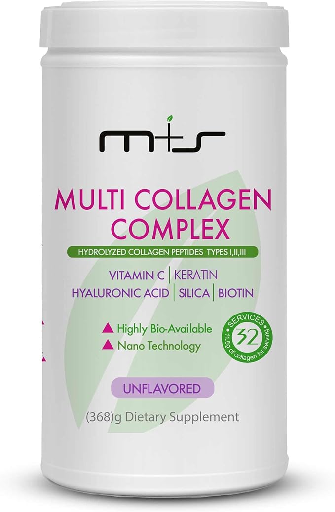 M+S Multi Collagen Complex – Hydrolyzed Collagen peptides Types I II III for Skin Hair Nails and Joints – with Vitamin C Hyaluronic Acid Keratin Biotin and Silica (Unflavored)