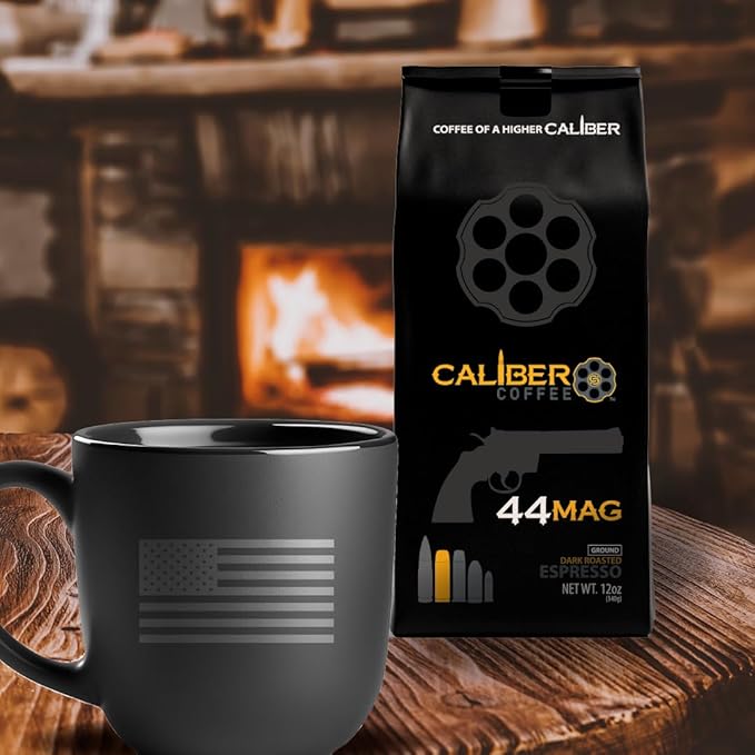 Caliber Coffee .44 Mag Ground Espresso Roast – Bold Smooth Rich Crema Flavors – 100% Artisan Roasted Arabica Coffee – Small-Batch Hand-Crafted – Veteran Owned – 12oz Bag