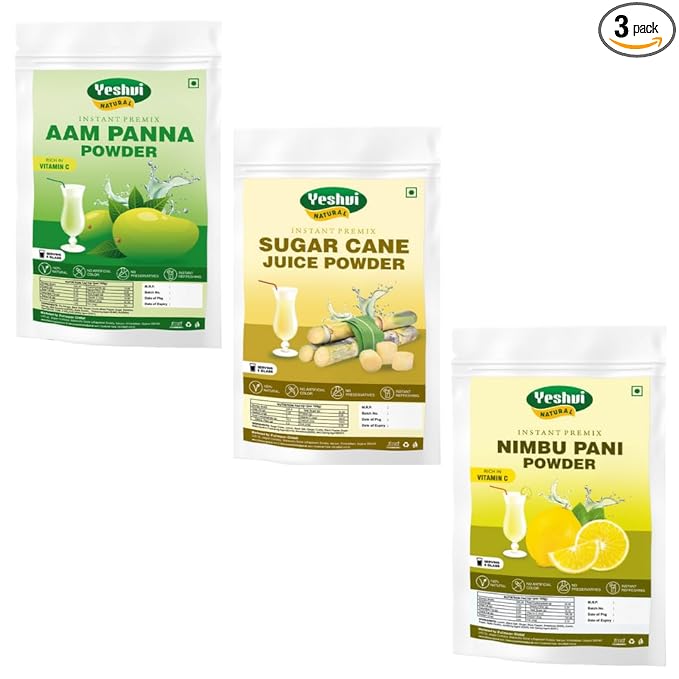 Yeshvi NATURAL Aam Panna Powder &amp Sugarcane Juice Powder With Nimbu Pani Powder Combo Pack Instant Drink Mix Powder Summer Drink Fruit Juice Powder Ready to Serve 300gm