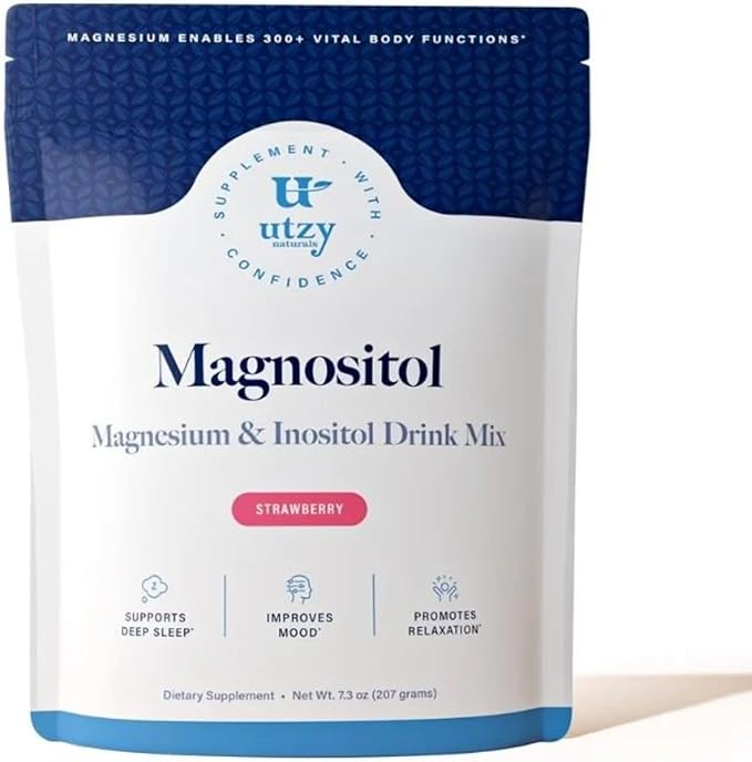 Utzy Naturals Magnositol | Magnesium Glycinate &amp Inositol Drink Mix | Supports Sleep Relaxation Balanced Energy | Strawberry Flavor | 30 Servings