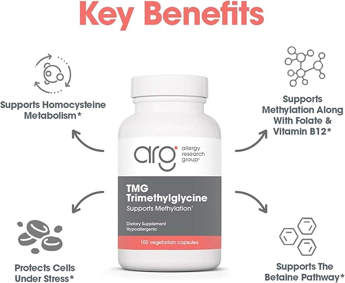Allergy Research Group ARG TMG Trimethylglycine - Supports Cardiovascular &amp Liver Health - Delivers 750 mg Trimethylglycine per Serving - Vegetarian &amp Hypoallergenic - 100 Servings - 100 Capsu