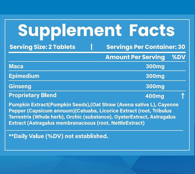 New Male Enhancing Supplement Designed to be Fast Acting for Blood Flow to Gain Length &amp Girth + Stamina Maca Epimedium and Other Natural Ingredients 3rd Party Tested Supplement 60 Tablets