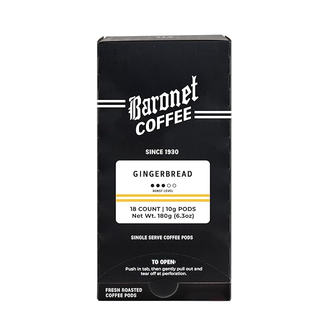 Baronet Coffee Pods [Gingerbread-54 Pods] Flavored Single Cup Use Like Senseo [3 Boxes of 18 Single Serve 10 Gram] Regular Strength Medium Roast [Gingerbread]