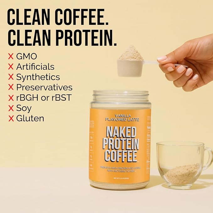 NAKED Vanilla Latte Protein Coffee - Premium Colombian Iced Coffee Protein Shake Drink Delicious Keto Friendly and Gluten Free 17 Servings
