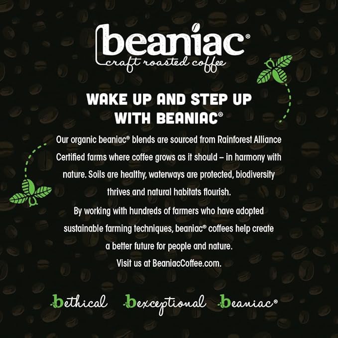 beaniac Organic Full On French Roast Dark Roast Single Serve Compostable K Cup Coffee Pods Organic Arabica Coffee Keurig Brewer Compatible 30 Count