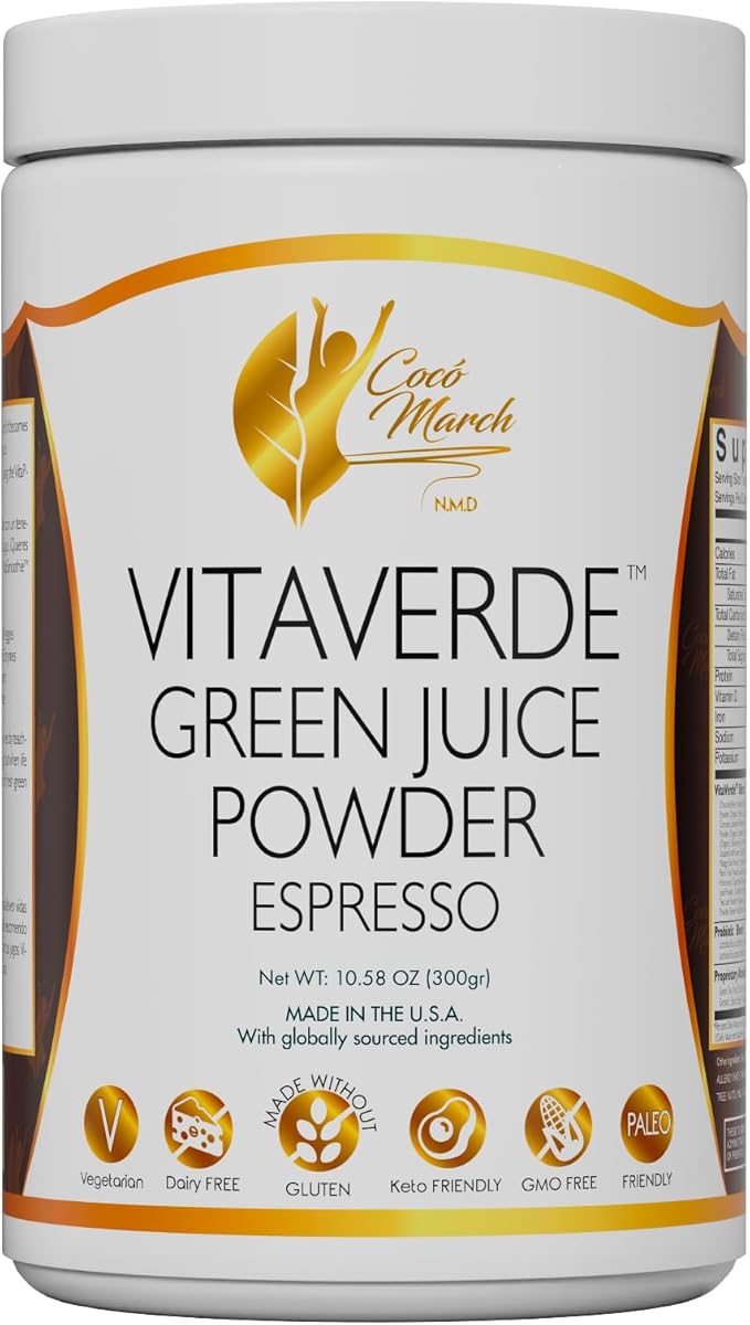 Coco March VitaVerde Green Juice Powder 50 Superfoods Enzymes &amp Probiotics- Espresso Flavor Organic Plants - Vegan Paleo Friendly Dairy Free Keto Friendly GMO Free 10.58 oz 300 g