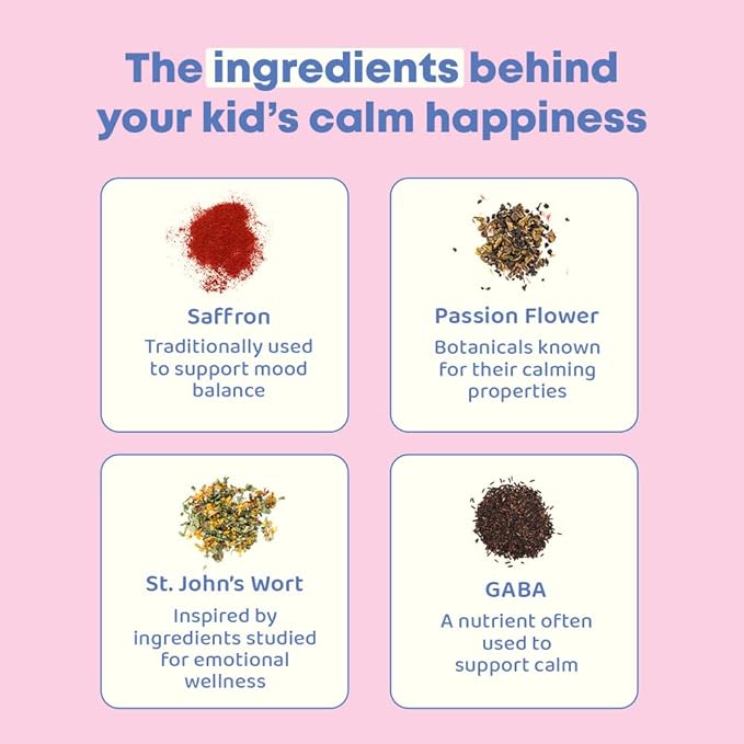 JoySpring Mood Munchies Saffron Gummies for Kids 4+ | Saffron Extract Supplement with GABA Passion Flower &amp St Johns Wort | Sugar Free Vegan Brain Support &amp Kids Focus Gummies | Crafted in US