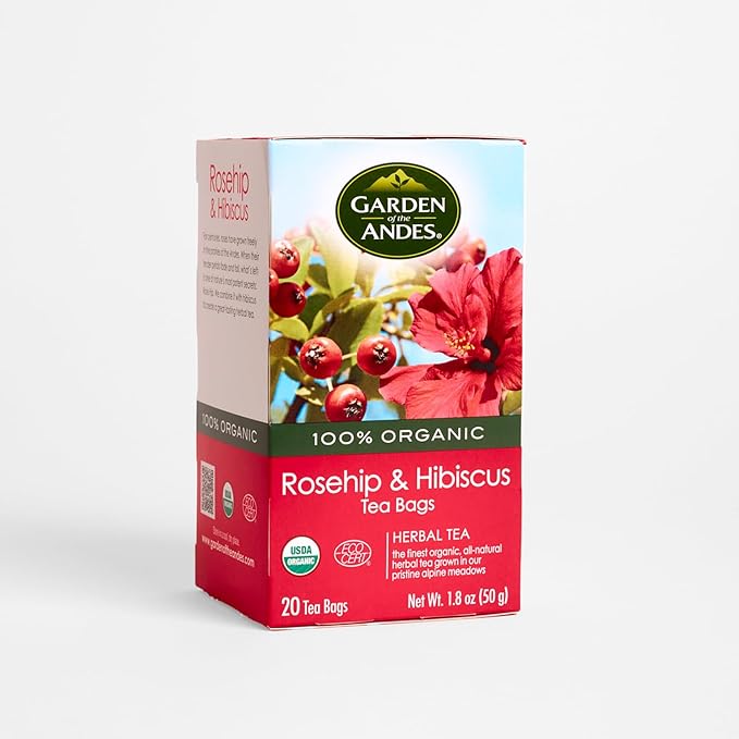 Garden of the Andes - Organic Rosehip &amp Hibiscus Tea - 6 Pack (20 Tea Bags/Box 120 Total) - Caffeine-Free Double-Chamber Glue-Free Tea Bags - Natural Vitamin C and Antioxidants