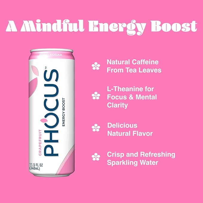 PHOCUS Caffeinated Sparkling Water Grapefruit 75mg Natural Caffeine Plus L-Theanine Zero Sugar Zero Calories No Artificial Sweeteners 11.5 fl oz Cans (Pack of 12)