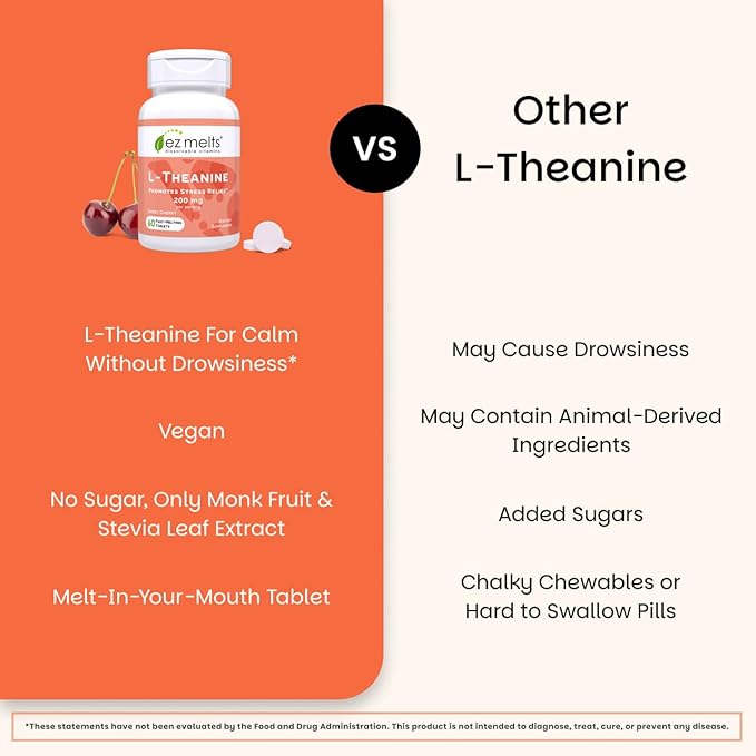 EZ Melts L-Theanine 200 mg - Stress &amp Relaxation Support Supplement - No Artificial Flavors - No Drowsiness - Non-GMO &amp Vegan - Sweet Cherry - 60 Dissolvable Tablets (30 Servings)