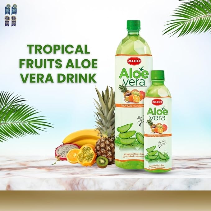 ALEO 0.5L Premium Tropical Fruits Aloe Vera Drink - Natural No Preservatives No Artificial Colors Superior Taste Award 2025