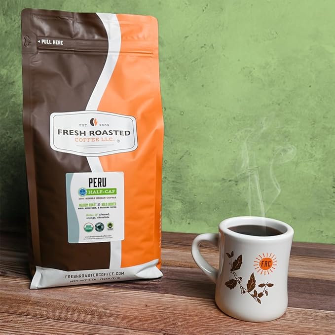 Fresh Roasted Coffee Organic Peru Water-Processed Half-Caf | Mold &amp Myco 3rd Party Tested USDA Organic Kosher | Med Roast 5 lb (80 oz) Whole Bean
