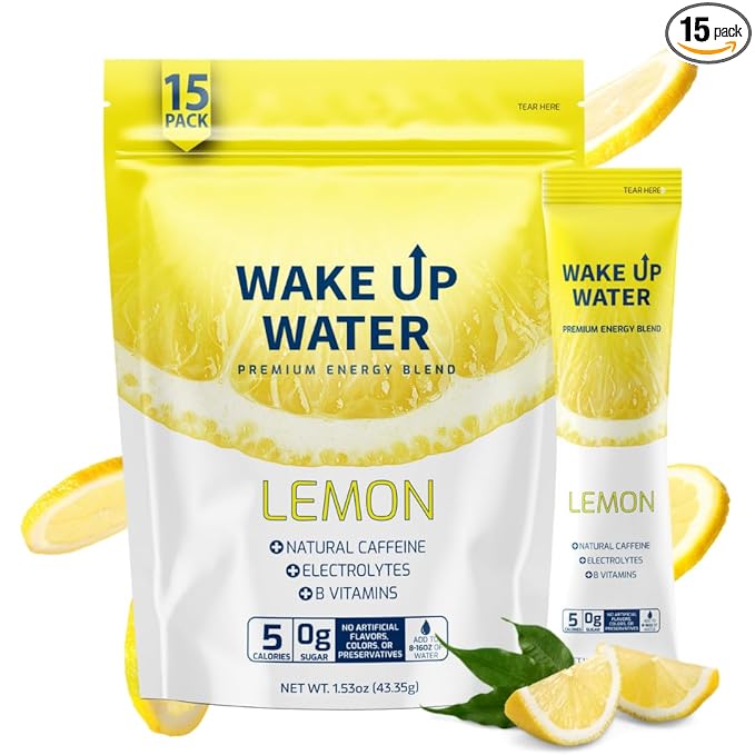 Wake Up Water Energy Drink Mix Sugar Free Clean Energy Powder with Electrolytes &amp B Vitamins Natural Caffeine for Focus &amp Hydration (15 Pack) - Lemon