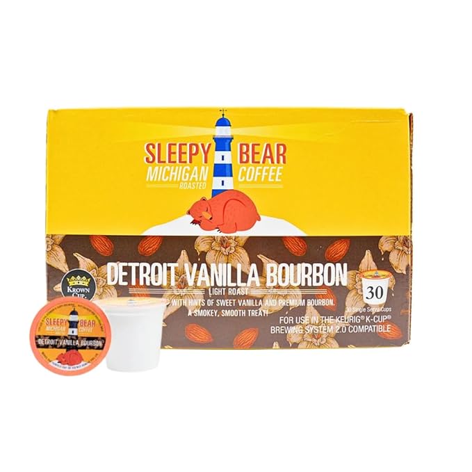 Sleepy Bear Coffee Pods Medium Roast Arabica Rich Flavor Michigan-Made Smooth &amp Sweet No Sugar Added 30ct Pods Compatible with Single-Serve Brewers (Detroit Bourbon Vanilla)