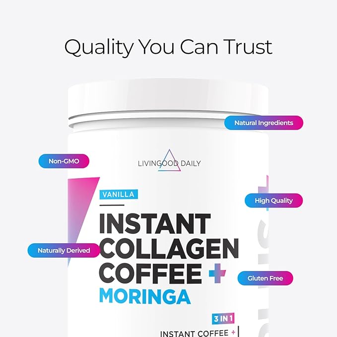Livingood Daily Instant Collagen Coffee with Moringa Vanilla - Instant Ground Coffee - Low Acid Shade Grown &amp Made with Organic Coffee - Metabolism Detox &amp Energy Boosting - 12 Oz