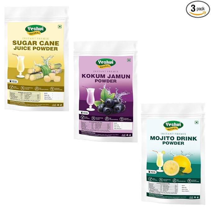 Yeshvi NATURAL Sugarcane Juice Powder &amp Kokum Jamun Fruit Juice Powder With Mojito Drink Powder Combo Pack Instant Drink Powder Ready to Serve 300gm