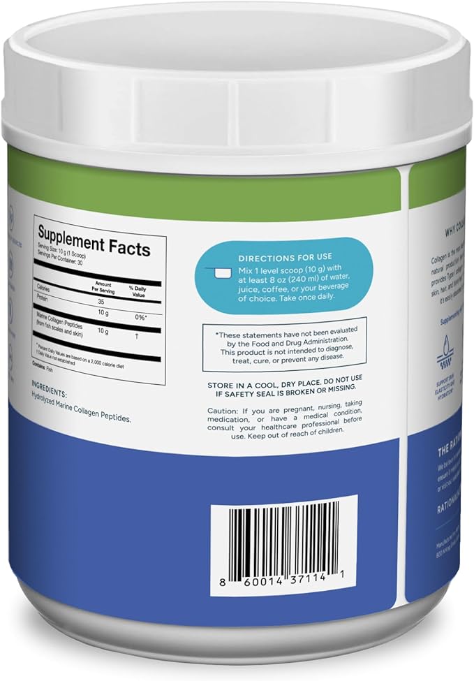 Hydrolyzed Marine Collagen Peptides - Made with Nippi Peptide® from Japan 10g Type I Collagen Per Serving Supports Skin Hair Joint and Bone Health Lab Tested - 30 Serving Jar