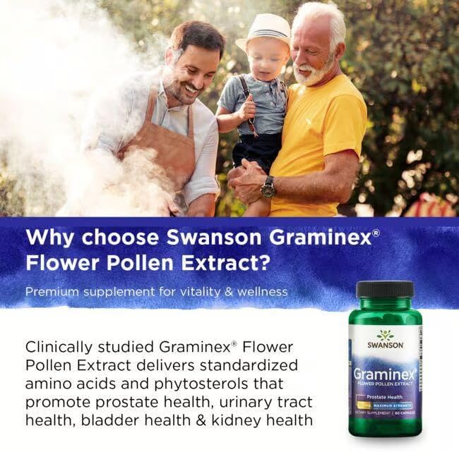 Swanson Maximum Strength Graminex Flower Pollen Extract - Supports Prostate Health Urinary Tract Function and Kidney Health - Mens Health Supplement - (60 Capsules 500mg Each) (3 Pack)