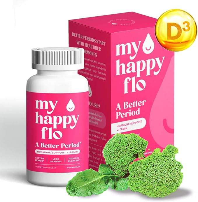My Happy Flo PMS Support Supplement for Women with Iron PMS Relief Hormone Support for Women 10-in-1 PMDD Supplements for Women | DIM &amp I3C Indole-3-Carbinol for Cramp Relief Heavy Flow - 60 Ca