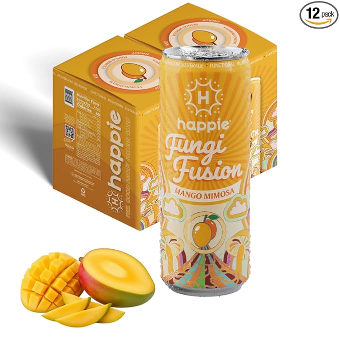 Happie Fungi Fusion Mango – Sparkling Adaptogen Drink with Lion’s Mane Cordyceps &amp Red Reishi – Plant-Based Nootropic 40 Calorie Zero Sugar Added Vegan Functional Soda Alternative (12 pack)