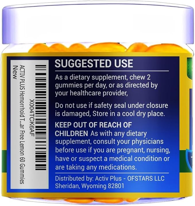 Hemorrhoid Treatment to Reduce Re-occurrences &amp Easier Regularity with Stool Softener | 7 Clinically Studied hemorrhoid Ingredients | Plant-Based Sugar Free Lemon 60 Vegan Gummies