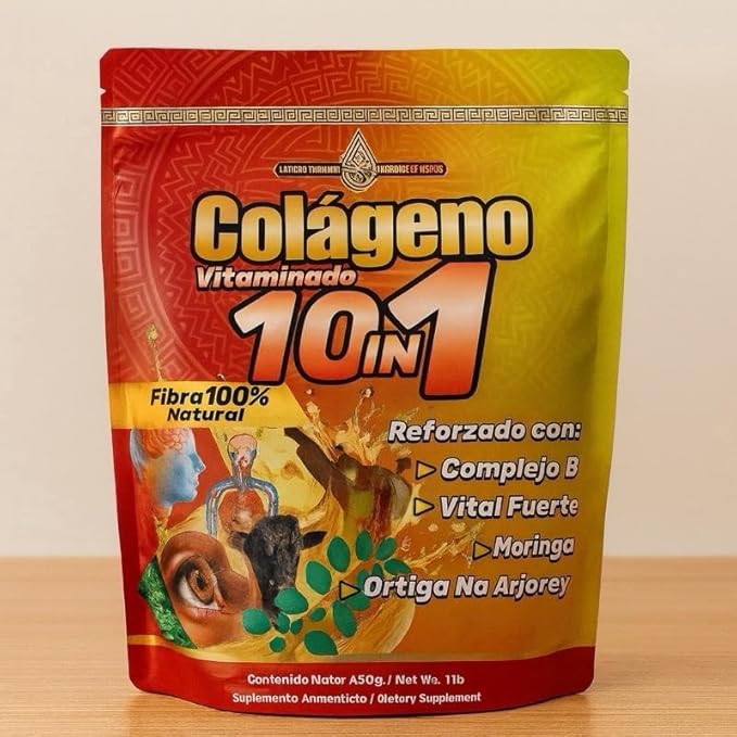 Colageno Vitaminado 10-in-1 Premium Collagen Powder with Vitamin B Complex Moringa Iron Natural Fiber 450g (1 lb) Dietary Beauty Support Supplement