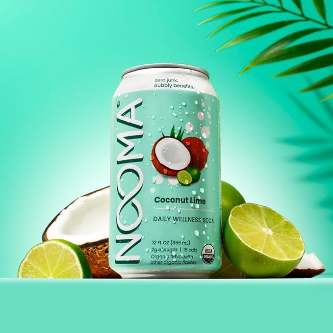 NOOMA - Daily Wellness Soda - Low Calorie &amp Low Sugar Healthy Soda - Organic &amp No Sucralose or Aspartame - Supports Muscle Recovery &amp Immune System - Vegan - Coconut Lime - 12 Pack (12oz e