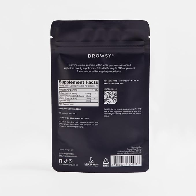 Drowsy Beauty – Nighttime Skin Hydration &amp Wellness Supplement with Marine Collagen Hyaluronic Acid &amp Vitamin C – Supports Skin Vitality &amp Relaxation