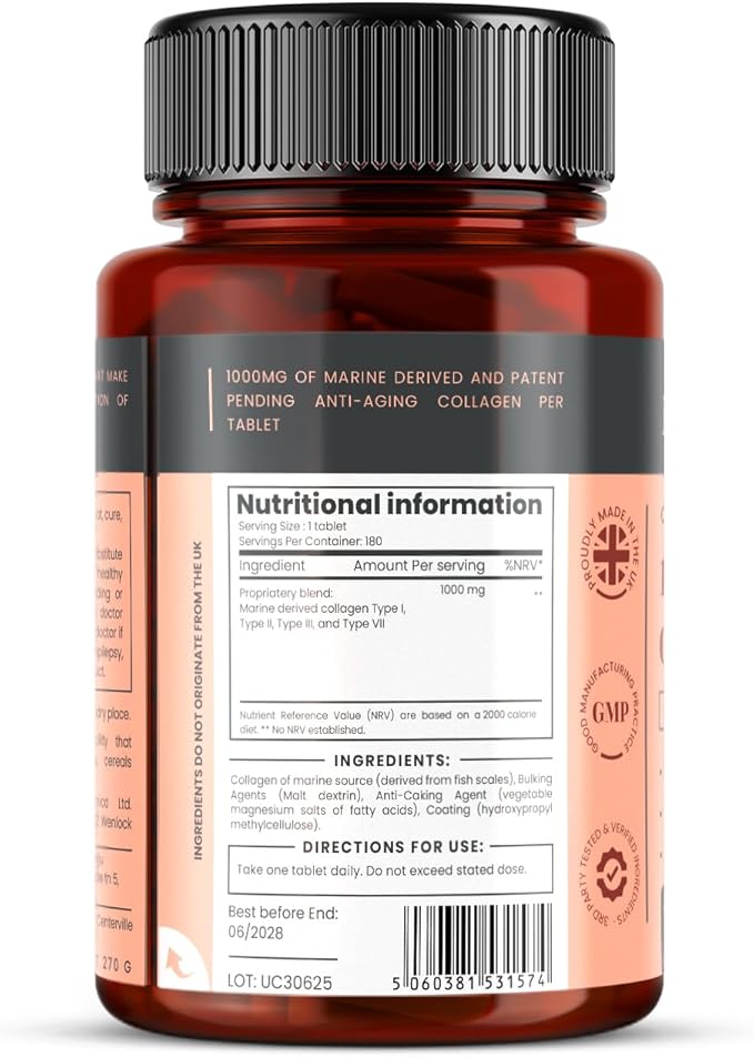 UltraColl Marine Collagen 1000mg x 180 Tablets (6 Months Supply). The only Patented Anti-Aging Collagen Types I II III and VII.