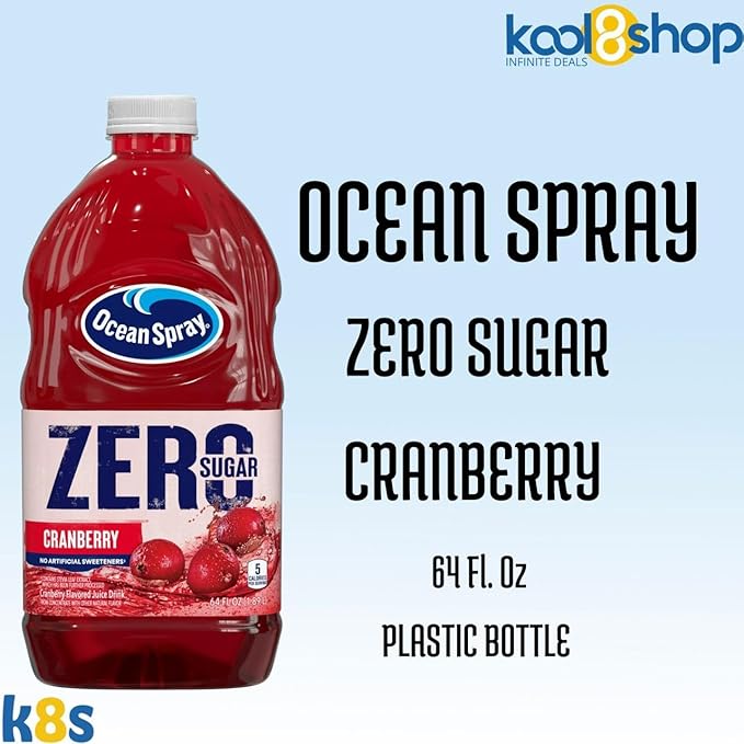 Ocean Spray Zero Sugar Cranberry Fruit Juice Drink 64 fl oz 4 Pack + 15 Sugarcane Disposable Straws by KOOL8SHOP Infinite Deals