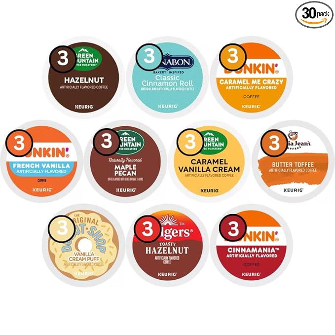 30 Count - Flavored K-cups Coffee Pods Variety Sampler Includes Caramel Cinnamon &amp Vanilla - Caramel Cream Maple Pecan &amp Hazelnut – Hazelnut – French Vanilla -Cinnamon Roll for Keurig Brewer