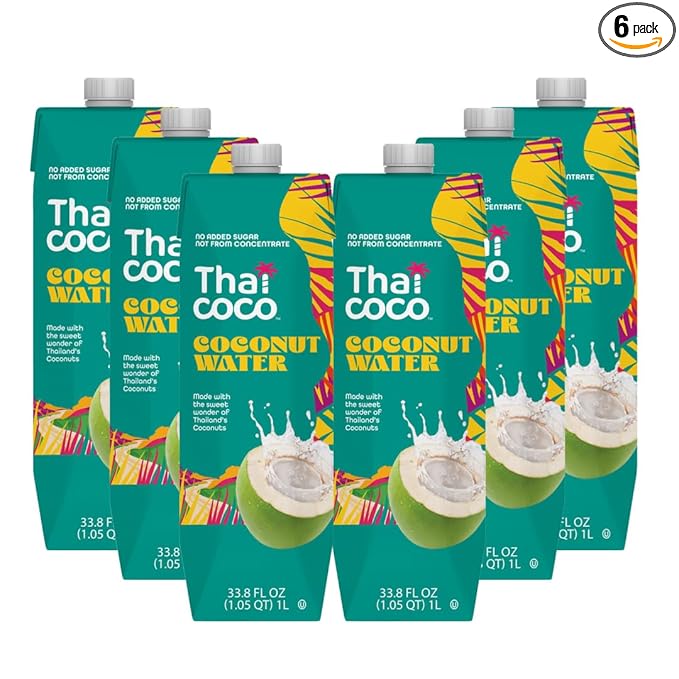 Thai Coco Organic Coconut Water 100% Pure &amp Unsweetened No Sugar Added USDA Organic Natural Electrolytes Hydration Drink 33.8 fl oz Tetra Carton (Pack of 6)