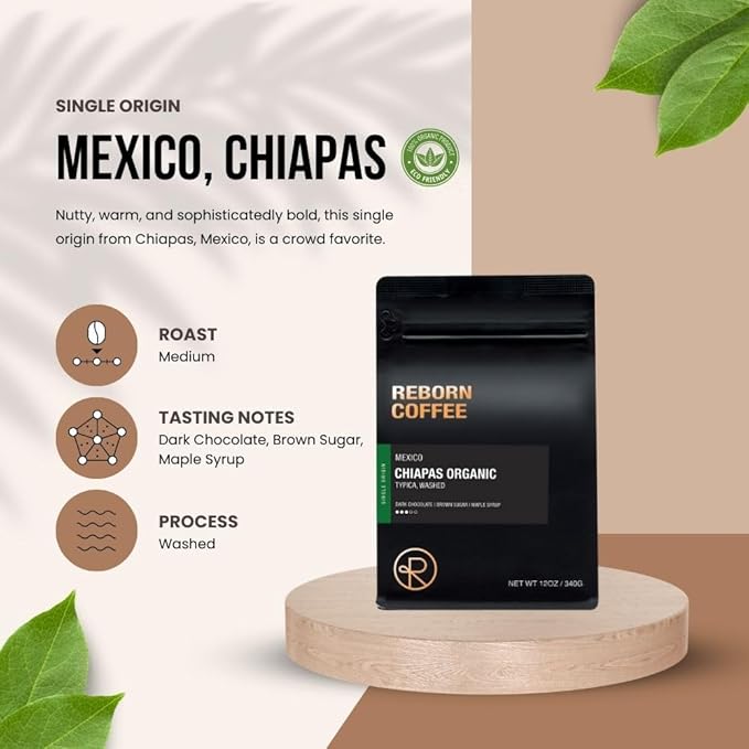 Reborn Coffee Specialty Whole Bean Coffee Medium Roast 12 Ounce Mexico Chiapas Organic Flavor Notes of Chocolate Brown Sugar and Maple Sugar