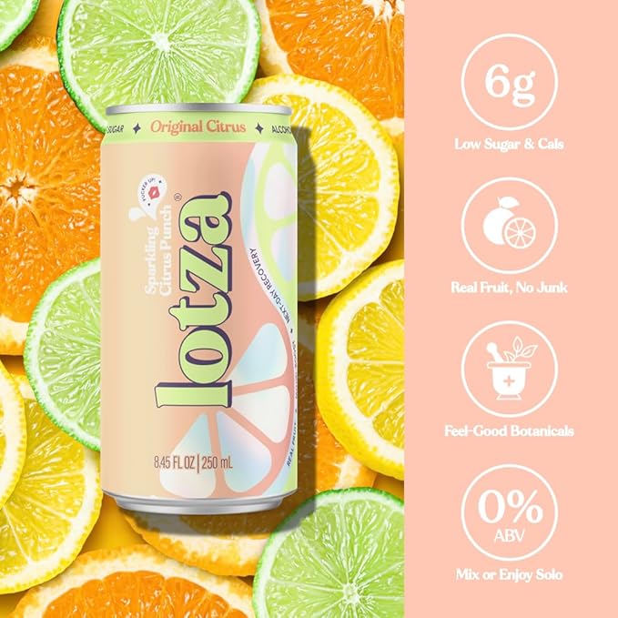 Lotza Sparkling Non-Alcoholic Adaptogen Drink with Electrolytes | Non-Alcoholic Mocktail &amp Drink Mixer| Antioxidants &amp Real Fruit (Pack of 12) Original Citrus