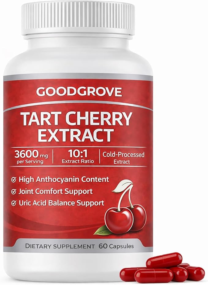 Good Grove Tart Cherry Extract Capsules GoodGrove Tart Cherry Extract Supplement | 10:1 Extract 3600mg Strength | Supports Joint Comfort 60 Count (1)