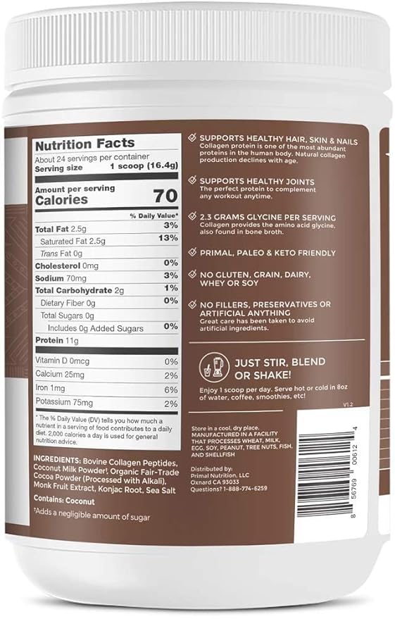 Primal Kitchen Collagen Peptide Drink Mix Collagen Fuel Chocolate Coconut 13.9 oz (394 g)