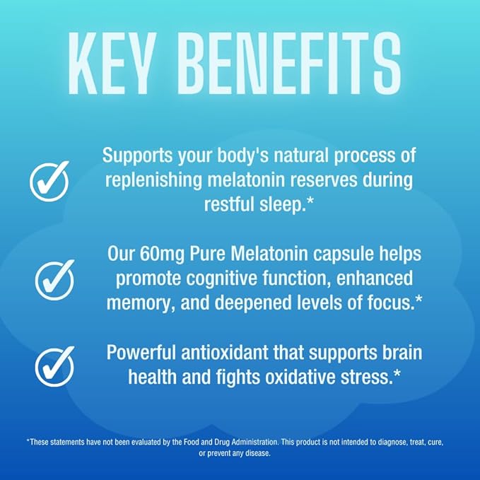 Pure Melatonin 60mg | 240 High-Dose Easy-to-Swallow Capsules | Natural Sleep Aid | Non-Habit Forming | Holistic Wellness