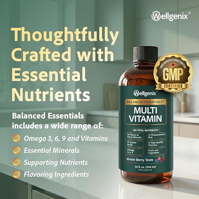 Wellgenix Balanced Essentials Liquid Multivitamin Dietary Supplement with Vitamins and Minerals – Berry Flavor – 32 fl oz (Pack of 3)
