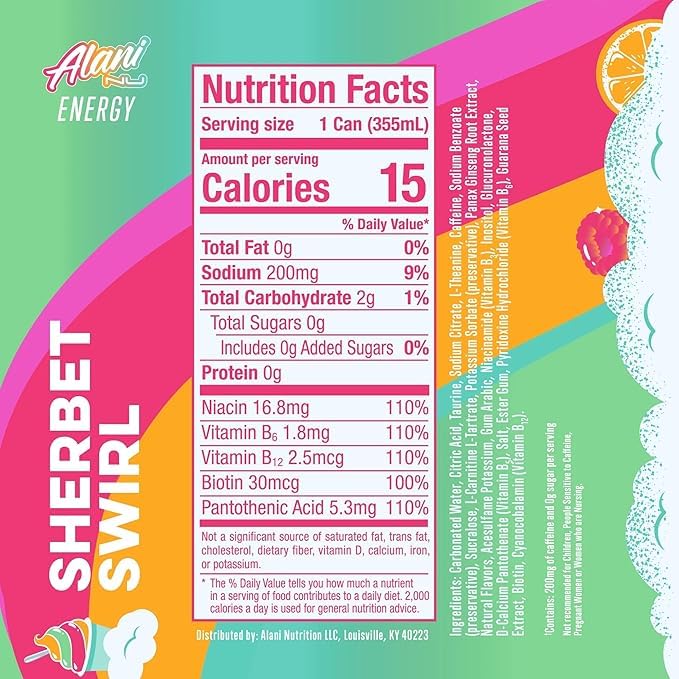 New Alani Energy Drink Sherbet Swirl &amp Watermelon Wave – 200mg Caffeine | Antioxidants | Biotin B Vitamins | Zero Sugar | 15 Calories or Less | 12 Oz Cans | (6 Cans – 3 of Each Flavor)