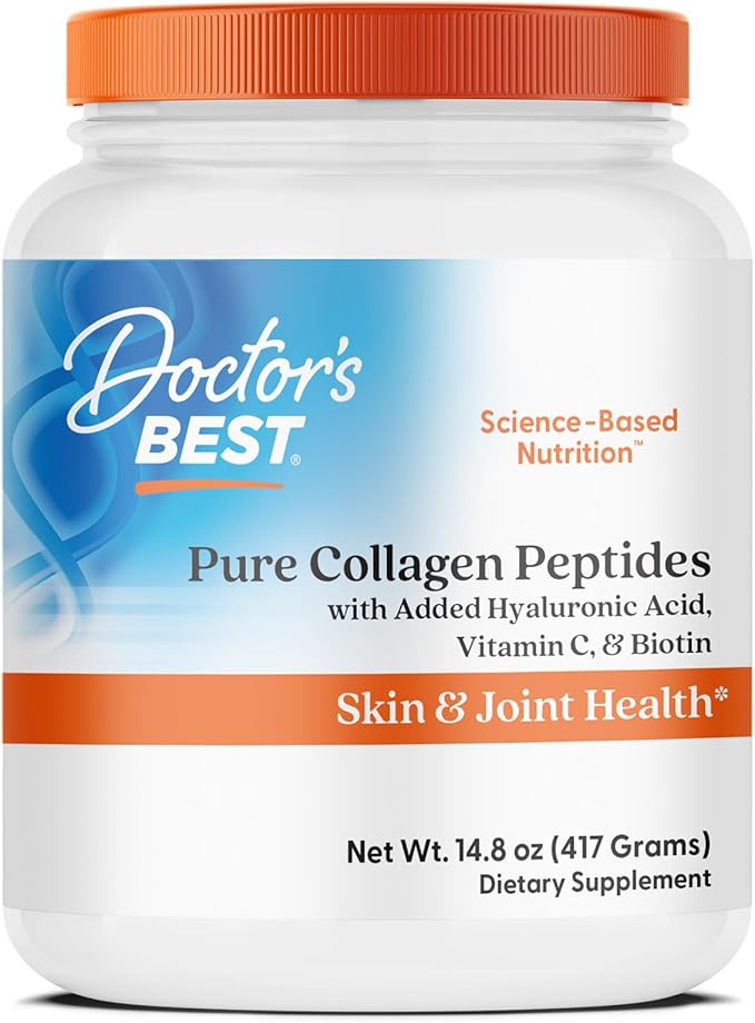 Doctor's BEST Pure Collagen Peptides w/Hyaluronic Acid - Collagen Powder Supplement for Women &amp Men Unflavored 18 g Protein &amp 90 mg Vitamin C per Serving Supports Healthy Skin &amp Hair -