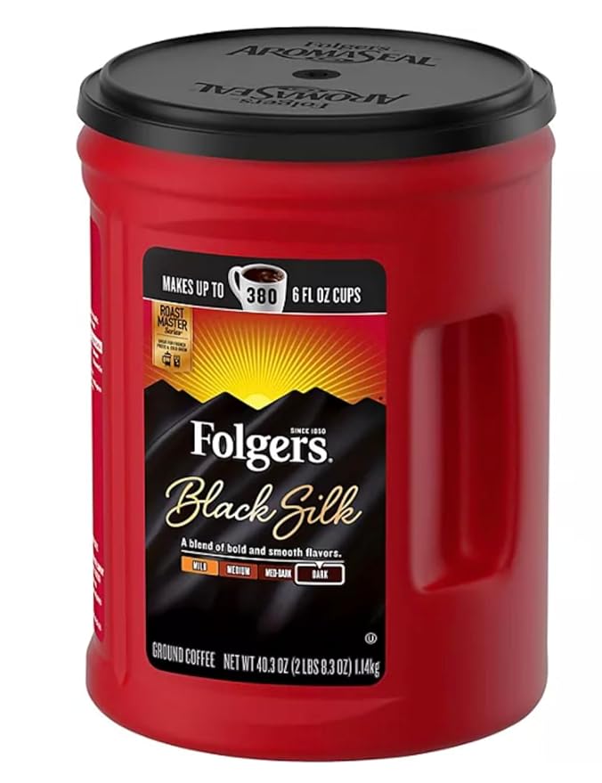 Presca Folger Black Silk Ground Coffee (40.3 oz.) - (2 Pack) Black Silk is a bold dark-roast ground coffee with a strong rich aroma